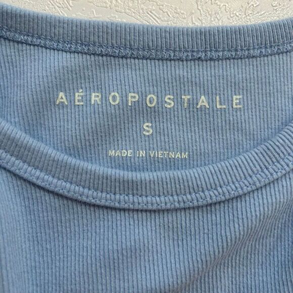 Aéropostale “Dump Him” Blue Ribbed Crop Tank Top Size S | Y2K Graphic Sleeveless - Picture 3 of 3